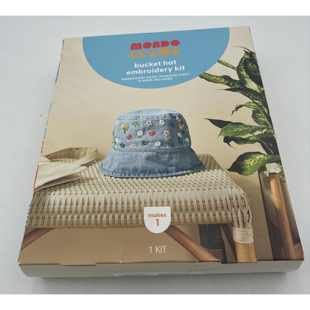 Mondo Llama Bucket Hat Embroidery Kit with Hoop, Transfer Sheet, Thread, Flowers